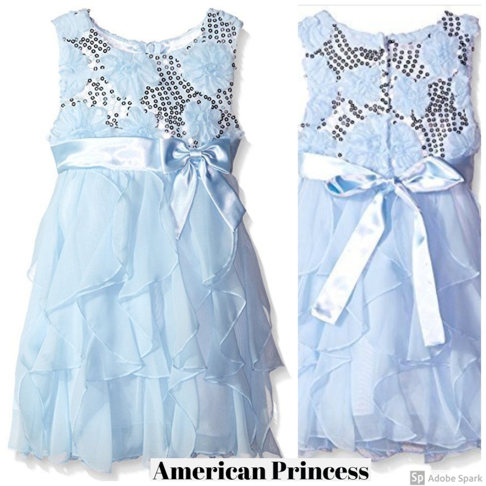 American Princess Floral Ribbon Sequin Cascade Ruffle Dress Blue Size 3T 4T 5